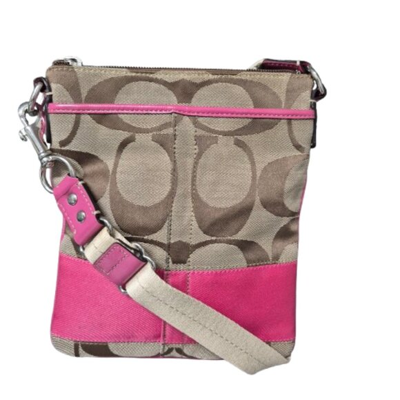 Coach Signature Crossbody Bag with Pink Patent Leather Trim - Picture 1 of 8